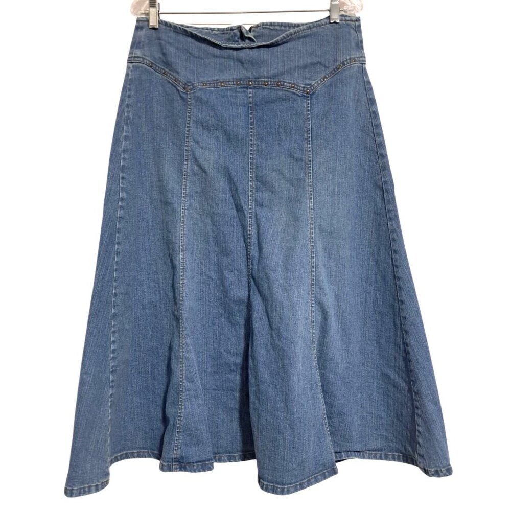 Y2K Kick It Jeans Denim A-Line Midi Skirt Size 10‎ With Stud Embellishments